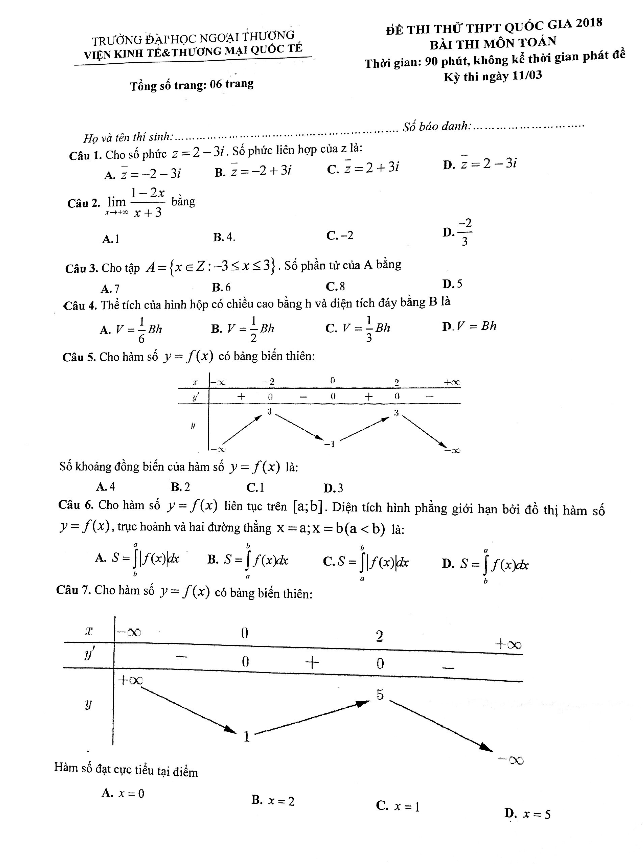 đề thi thử toán thpt quốc gia 2018 trường đại học ngoại thương – hà nội