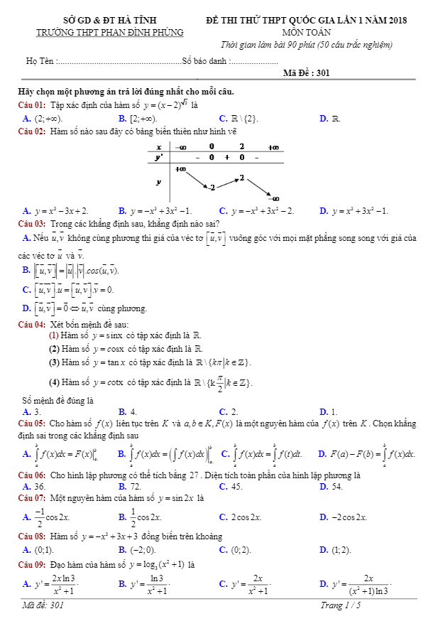 đề thi thử toán thpt quốc gia 2018 trường phan đình phùng – hà tĩnh lần 1
