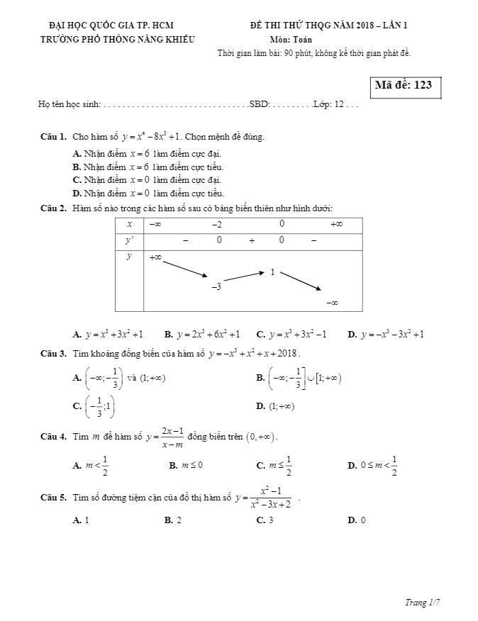 đề thi thử toán thpt quốc gia 2018 trường phổ thông năng khiếu – tp. hcm lần 1