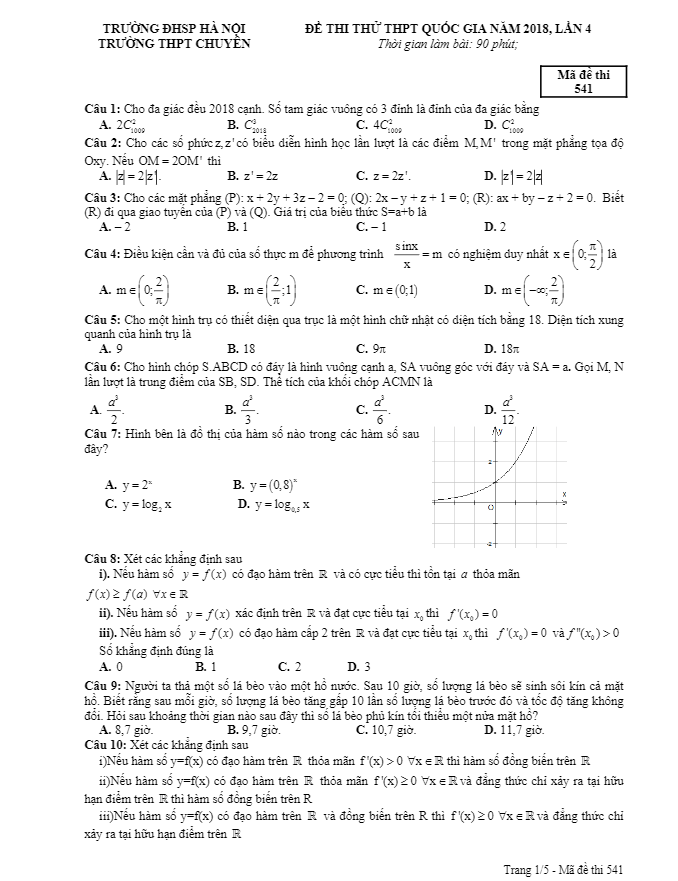 đề thi thử toán thpt quốc gia 2018 trường thpt chuyên đhsp hà nội lần 4