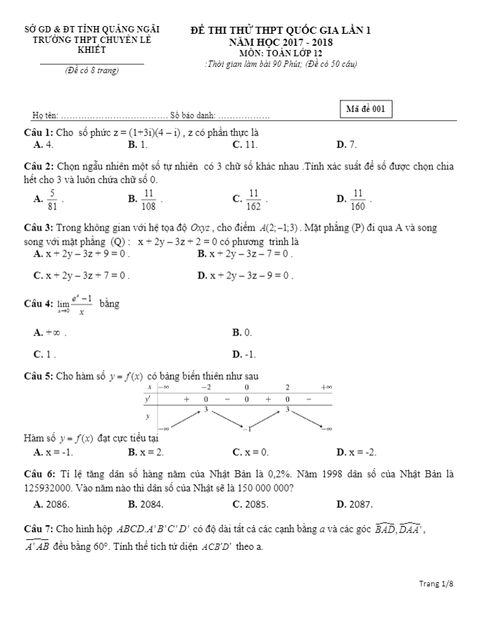 đề thi thử toán thpt quốc gia 2018 trường thpt chuyên lê khiết – quảng ngãi lần 1