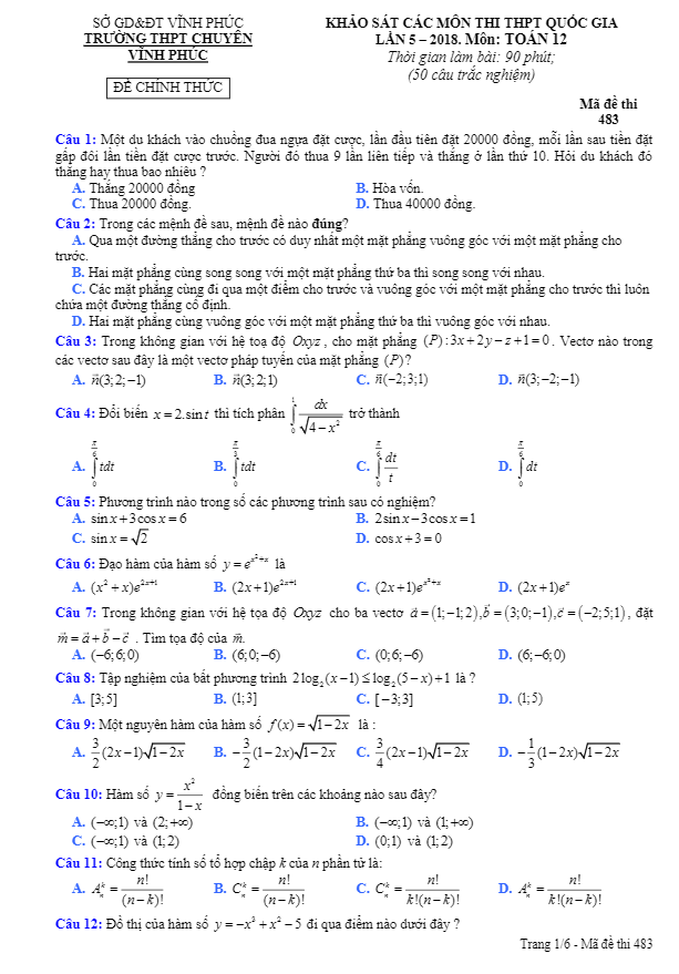 đề thi thử toán thpt quốc gia 2018 trường thpt chuyên vĩnh phúc lần 5