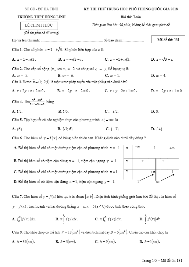 đề thi thử toán thpt quốc gia 2018 trường thpt hồng lĩnh – hà tĩnh