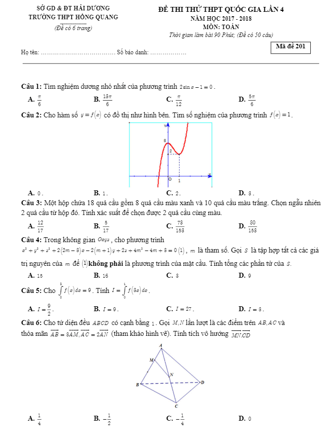 đề thi thử toán thpt quốc gia 2018 trường thpt hồng quang – hải dương lần 4