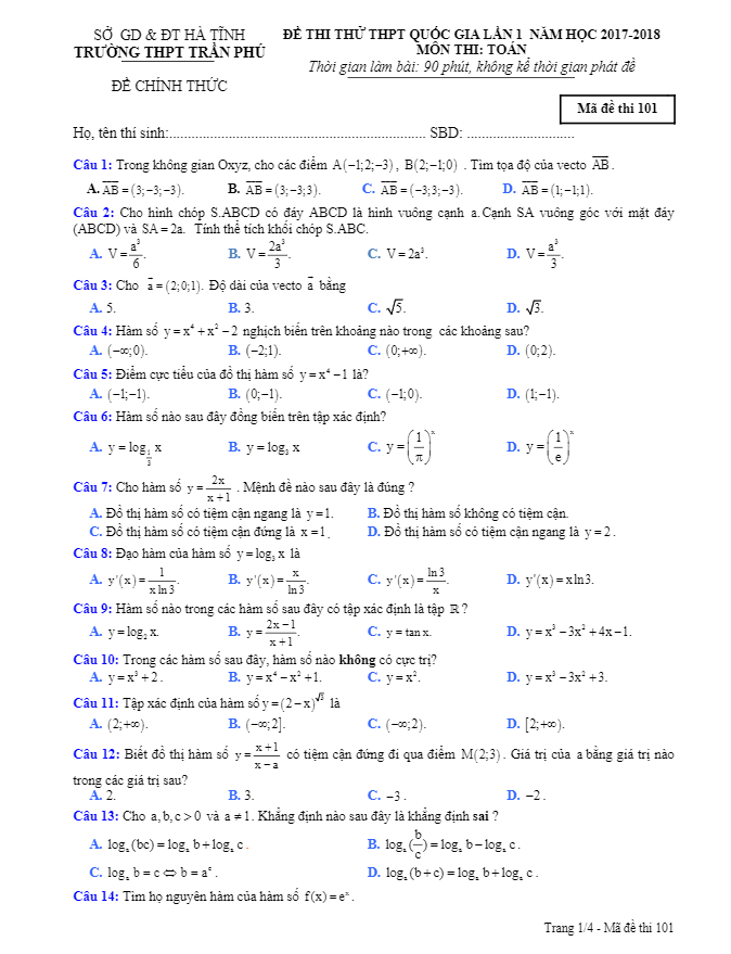đề thi thử toán thpt quốc gia 2018 trường thpt trần phú – hà tĩnh lần 1