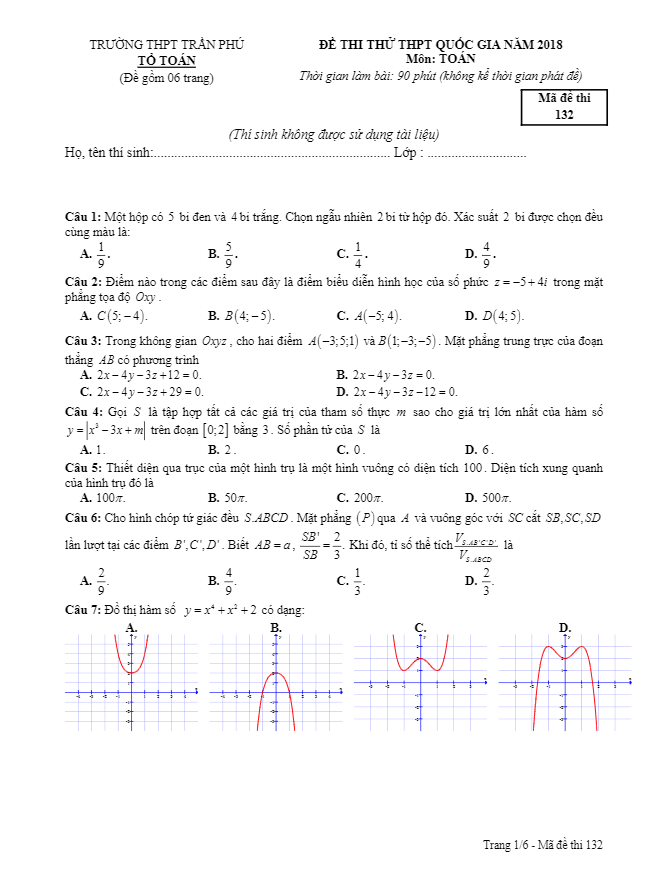 đề thi thử toán thpt quốc gia 2018 trường thpt trần phú – lâm đồng