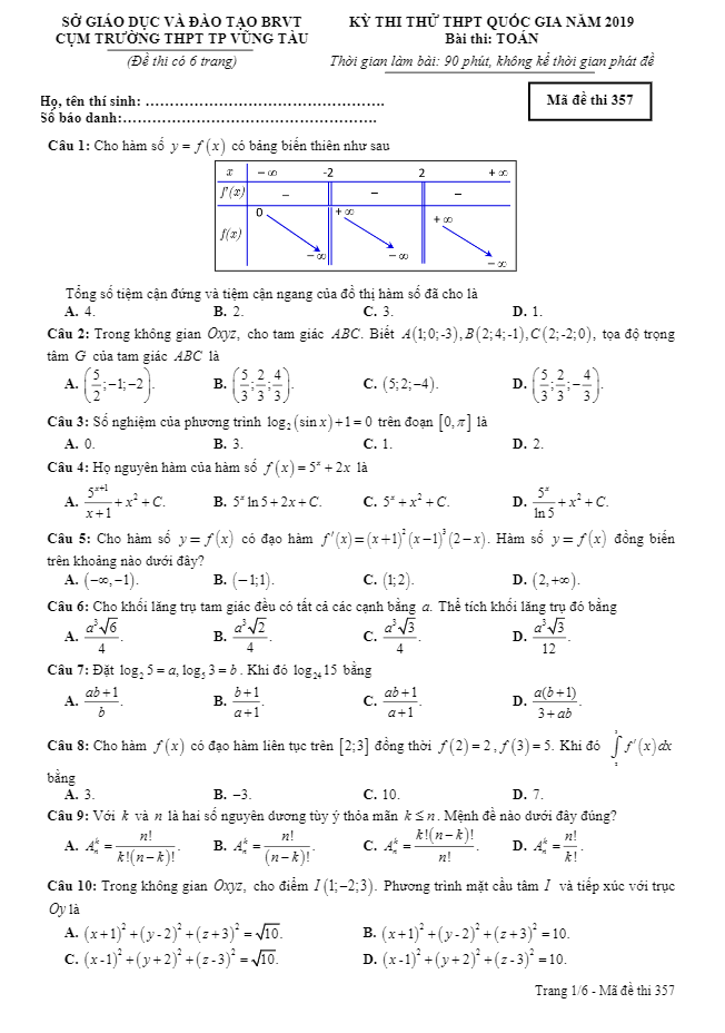 đề thi thử toán thpt quốc gia 2019 lần 1 cụm trường thpt tp vũng tàu
