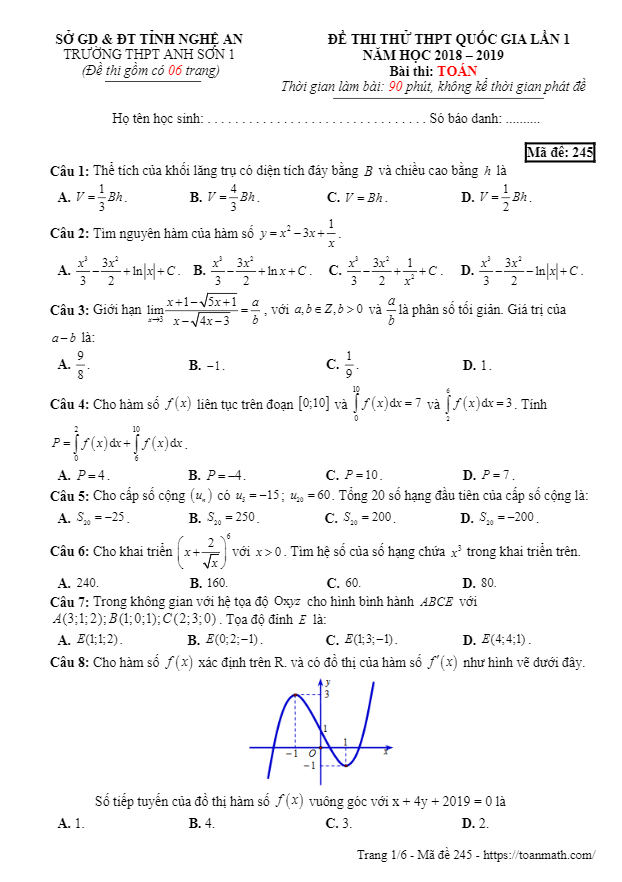 đề thi thử toán thpt quốc gia 2019 lần 1 trường anh sơn 1 – nghệ an