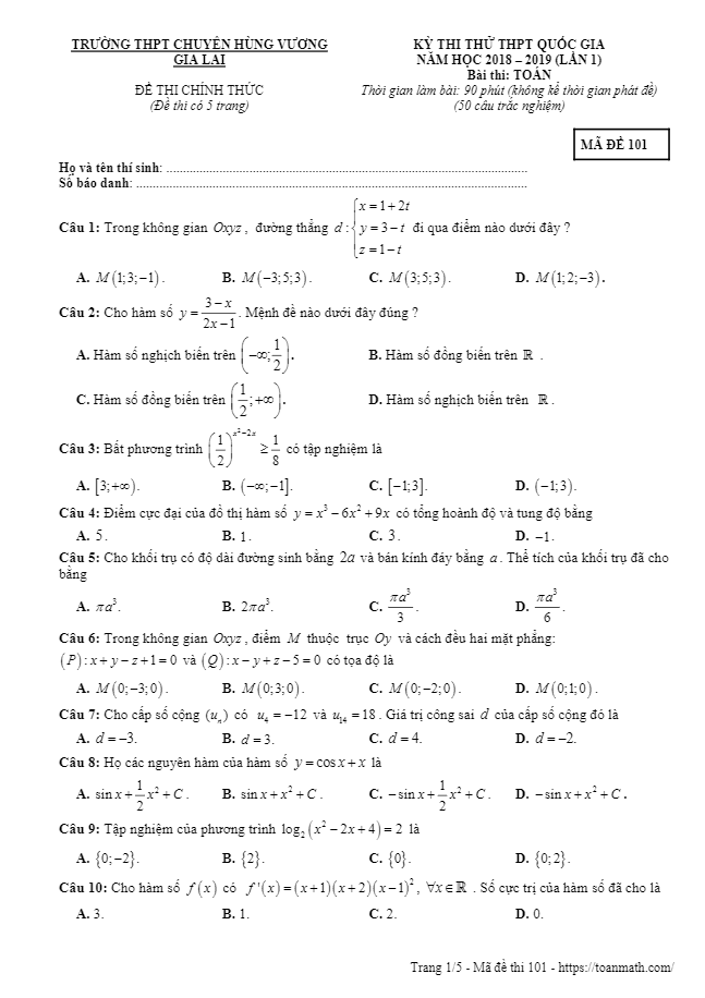 đề thi thử toán thpt quốc gia 2019 lần 1 trường chuyên hùng vương – gia lai