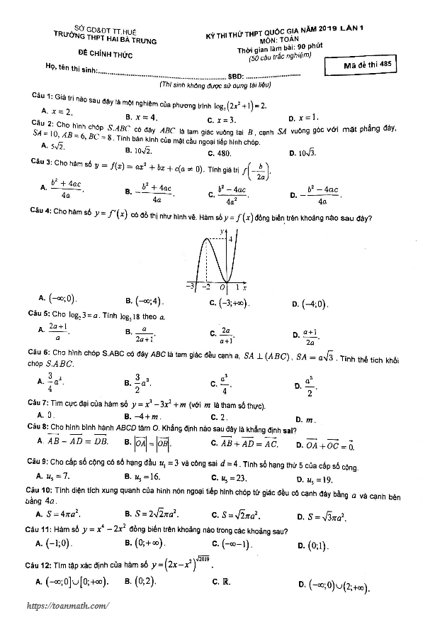 đề thi thử toán thpt quốc gia 2019 lần 1 trường hai bà trưng – tt. huế