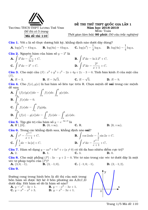 đề thi thử toán thpt quốc gia 2019 lần 1 trường lương thế vinh – hà nội