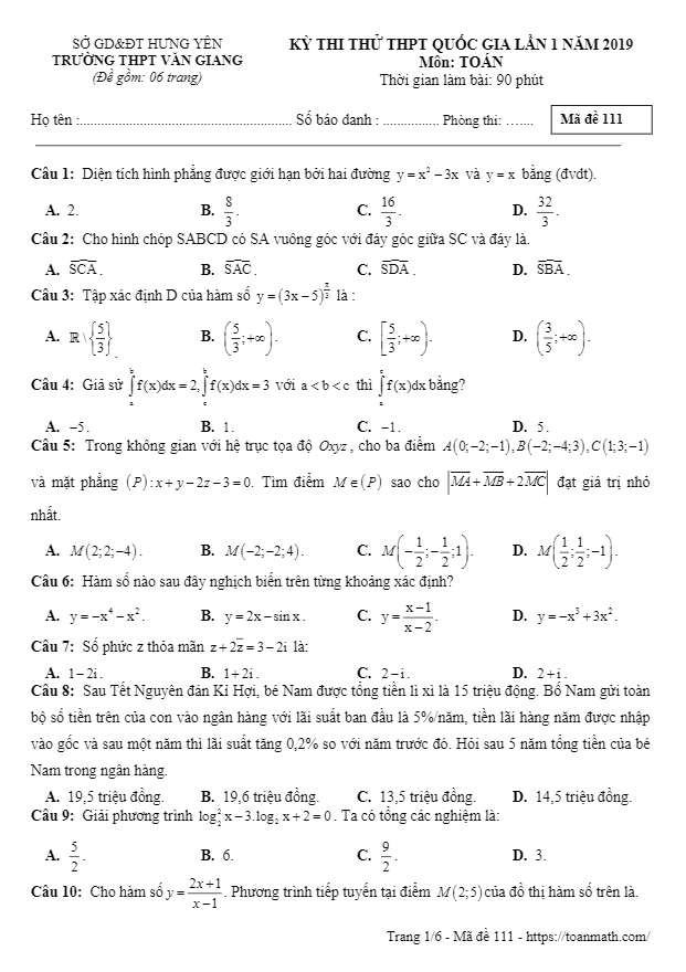 đề thi thử toán thpt quốc gia 2019 lần 1 trường văn giang – hưng yên