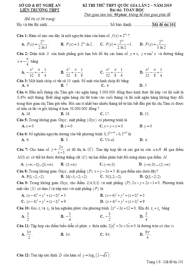 đề thi thử toán thpt quốc gia 2019 lần 2 liên trường thpt – nghệ an