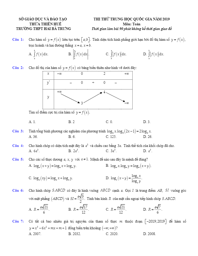 đề thi thử toán thpt quốc gia 2019 lần 2 trường hai bà trưng – tt huế