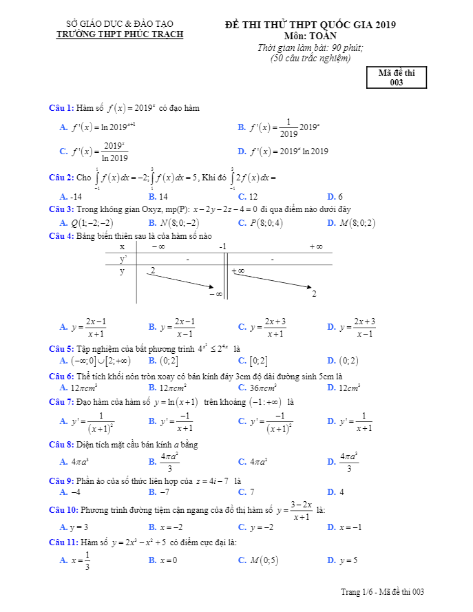 đề thi thử toán thpt quốc gia 2019 lần 2 trường phúc trạch – hà tĩnh
