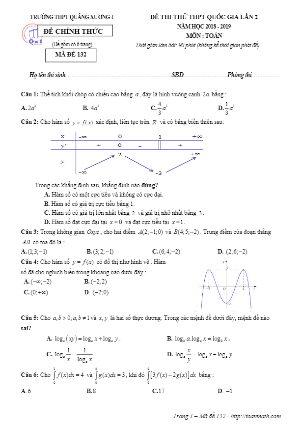 đề thi thử toán thpt quốc gia 2019 lần 2 trường quảng xương 1 – thanh hóa