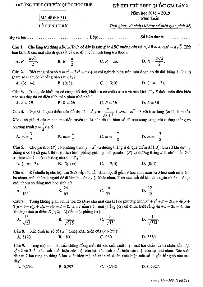đề thi thử toán thpt quốc gia 2019 lần 2 trường thpt chuyên quốc học huế