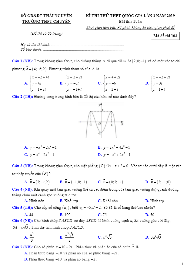 đề thi thử toán thpt quốc gia 2019 lần 2 trường thpt chuyên thái nguyên