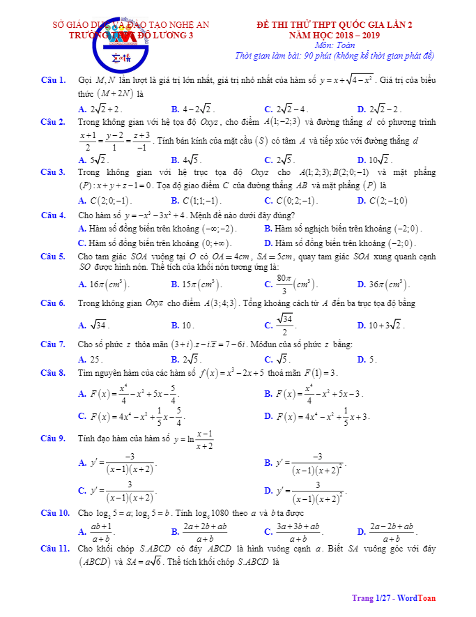 đề thi thử toán thpt quốc gia 2019 lần 2 trường thpt đô lương 3 – nghệ an