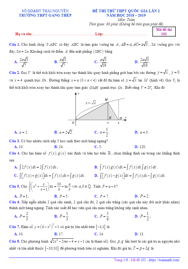 đề thi thử toán thpt quốc gia 2019 lần 2 trường thpt gang thép – thái nguyên