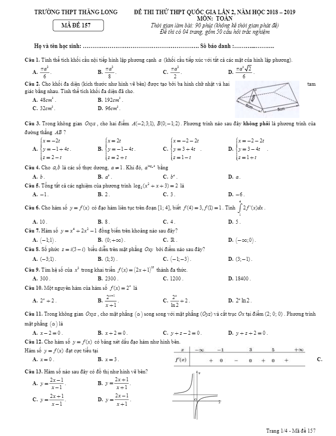 đề thi thử toán thpt quốc gia 2019 lần 2 trường thpt thăng long – hà nội