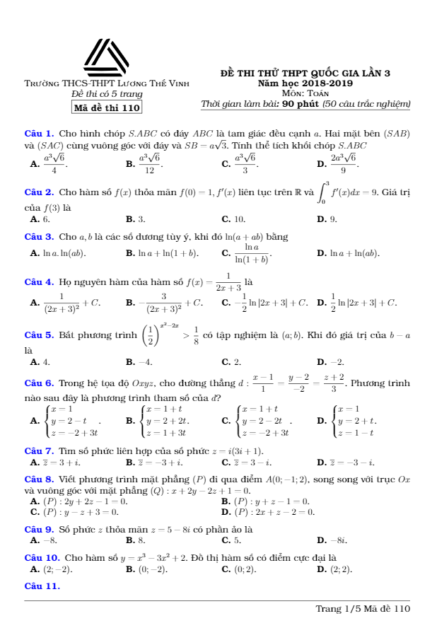 đề thi thử toán thpt quốc gia 2019 lần 3 trường lương thế vinh – hà nội