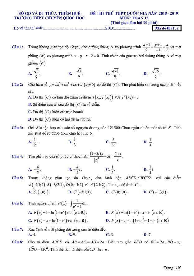 đề thi thử toán thpt quốc gia 2019 lần 3 trường thpt chuyên quốc học huế