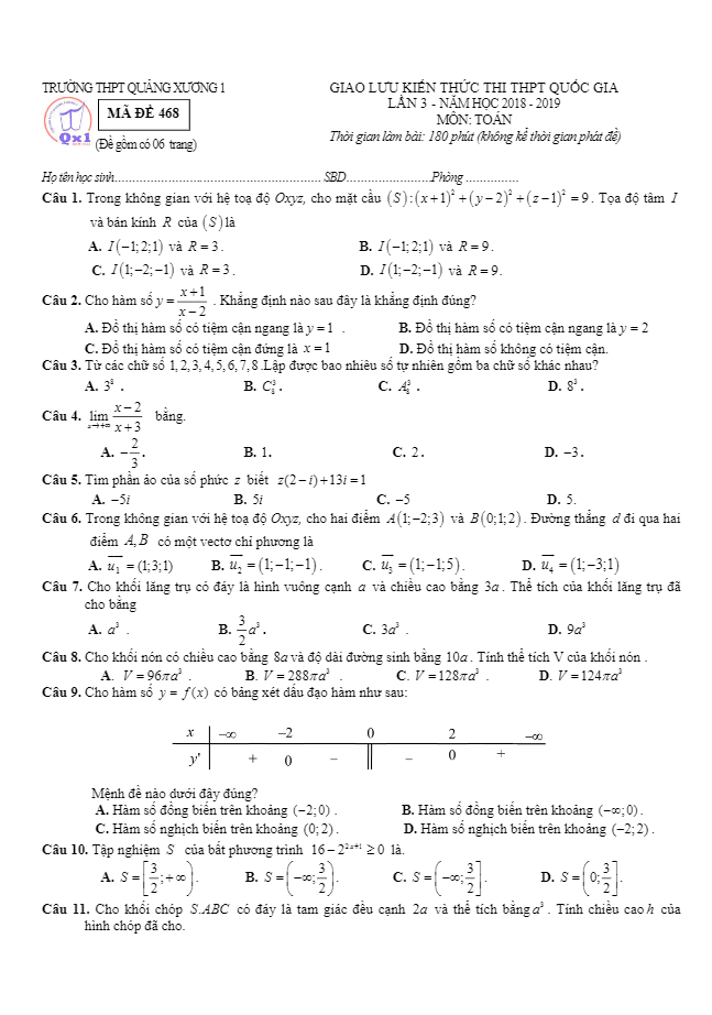 đề thi thử toán thpt quốc gia 2019 lần 3 trường thpt quảng xương 1 – thanh hóa