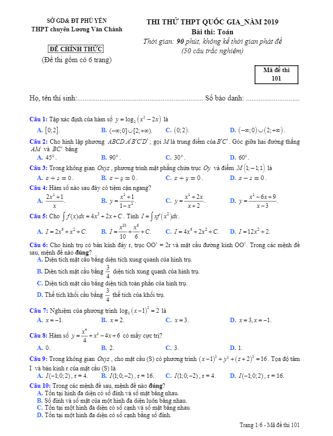 đề thi thử toán thpt quốc gia 2019 trường chuyên lương văn chánh – phú yên