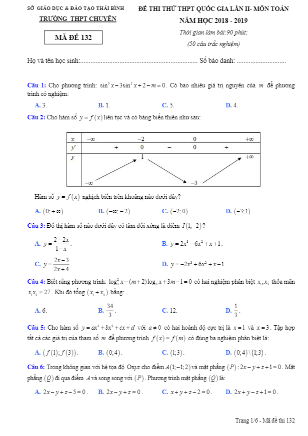 đề thi thử toán thpt quốc gia 2019 trường thpt chuyên thái bình lần 2