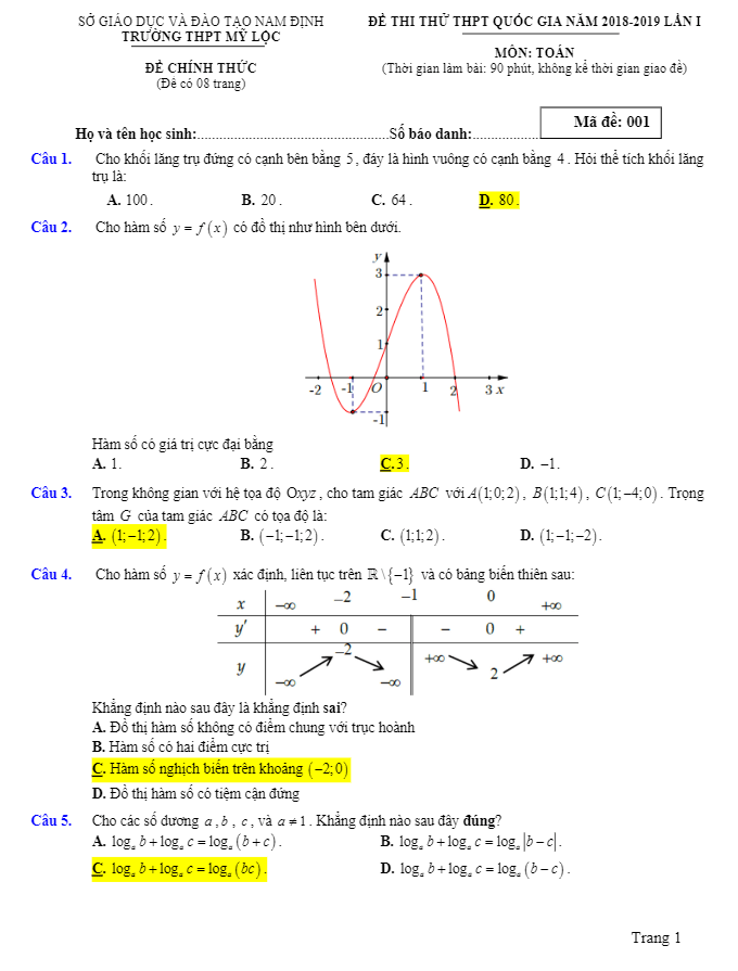 đề thi thử toán thpt quốc gia 2019 trường thpt mỹ lộc – nam định lần 1
