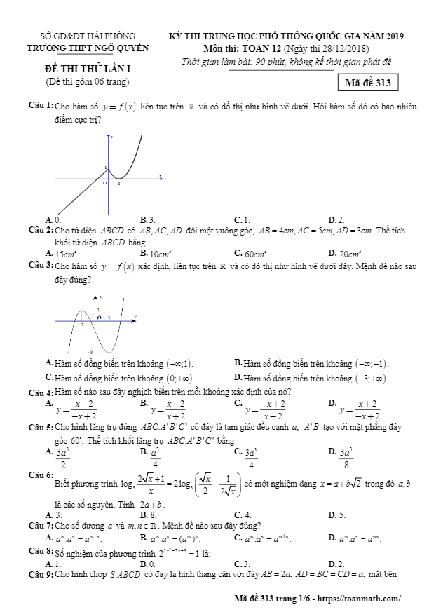đề thi thử toán thpt quốc gia 2019 trường thpt ngô quyền – hải phòng lần 1