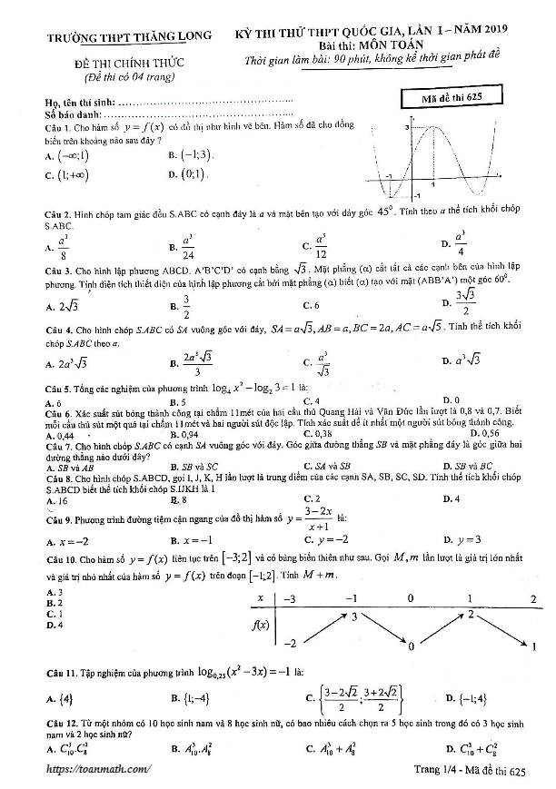 đề thi thử toán thpt quốc gia 2019 trường thpt thăng long – hà nội lần 1