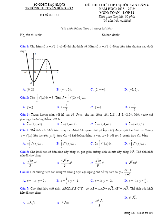 đề thi thử toán thpt quốc gia 2019 trường yên dũng 2 – bắc giang lần 4