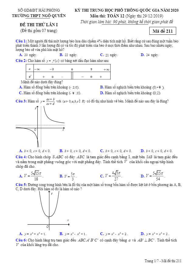 đề thi thử toán thpt quốc gia 2020 lần 1 trường ngô quyền – hải phòng