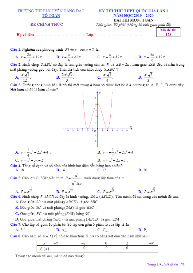 đề thi thử toán thpt quốc gia 2020 lần 1 trường nguyễn đăng đạo – bắc ninh