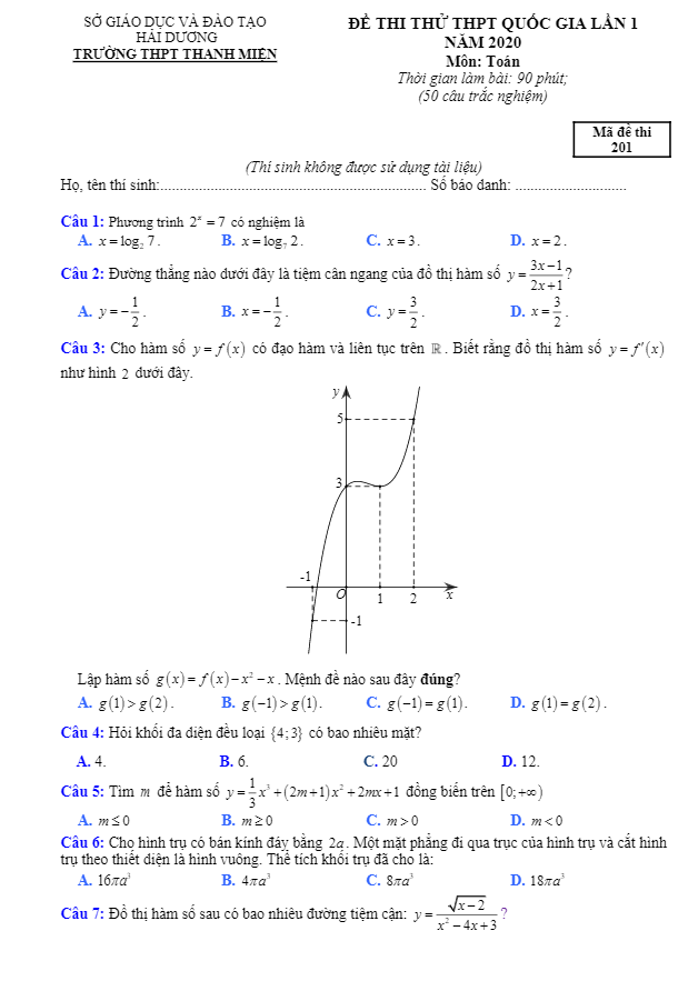 đề thi thử toán thpt quốc gia 2020 lần 1 trường thanh miện – hải dương