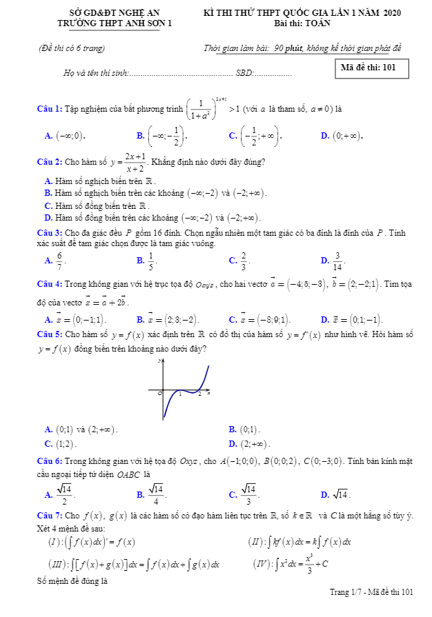 đề thi thử toán thpt quốc gia 2020 lần 1 trường thpt anh sơn 1 – nghệ an