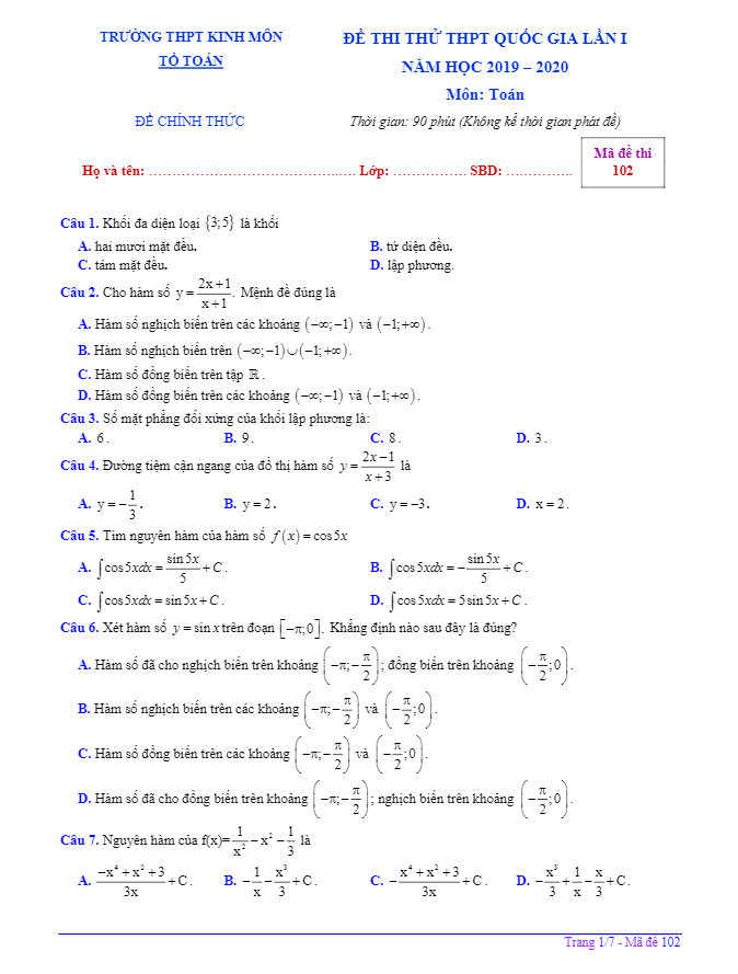 đề thi thử toán thpt quốc gia 2020 lần 1 trường thpt kinh môn – hải dương