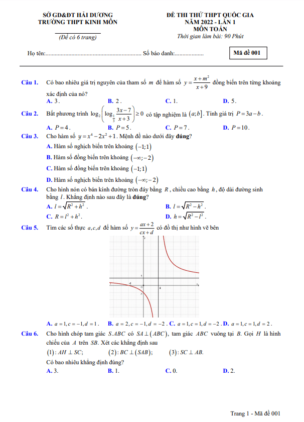 đề thi thử toán thpt quốc gia 2022 lần 1 trường thpt kinh môn – hải dương