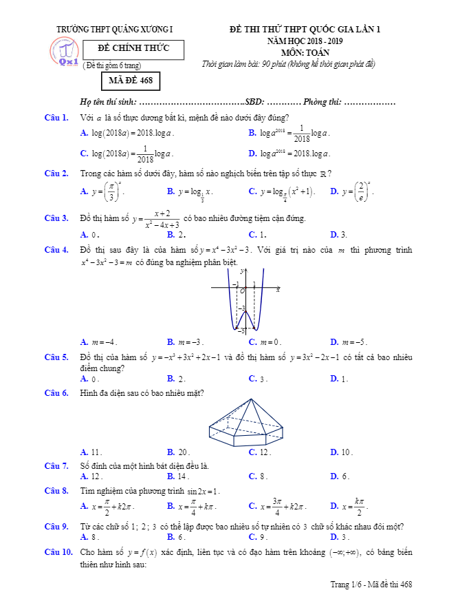 đề thi thử toán thpt quốc gia lần 1 năm 2018 – 2019 trường quảng xương 1 – thanh hóa