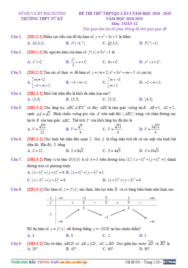 đề thi thử toán thpt quốc gia lần 1 năm 2019 trường thpt tứ kỳ – hải dương