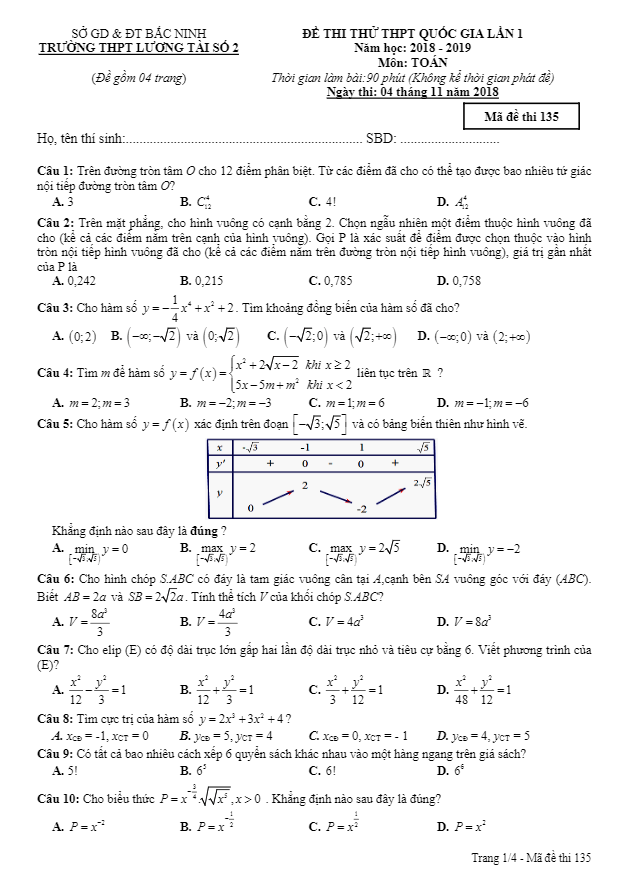 đề thi thử toán thpt quốc gia năm 2018 – 2019 trường lương tài 2 – bắc ninh lần 1