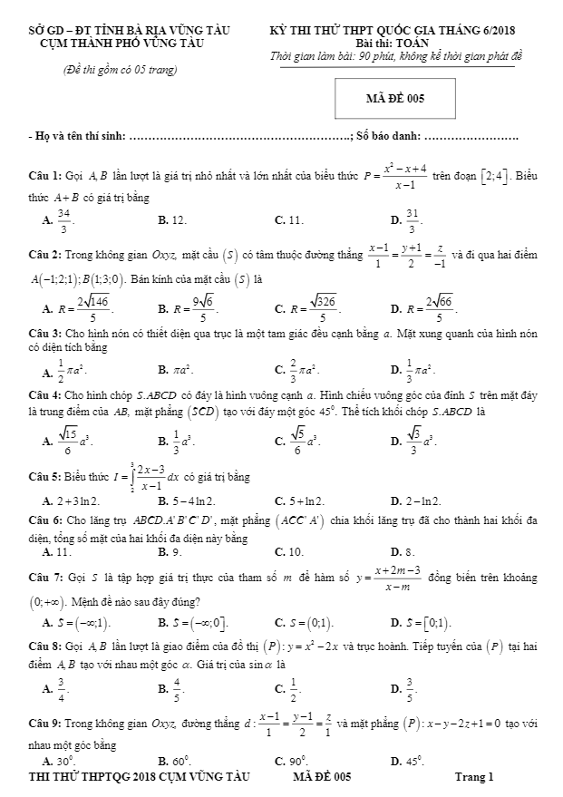 đề thi thử toán thpt quốc gia tháng 6/2018 cụm thành phố vũng tàu