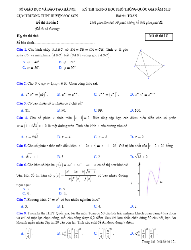 đề thi thử toán thptqg 2018 cụm trường thpt huyện sóc sơn – hà nội lần 2
