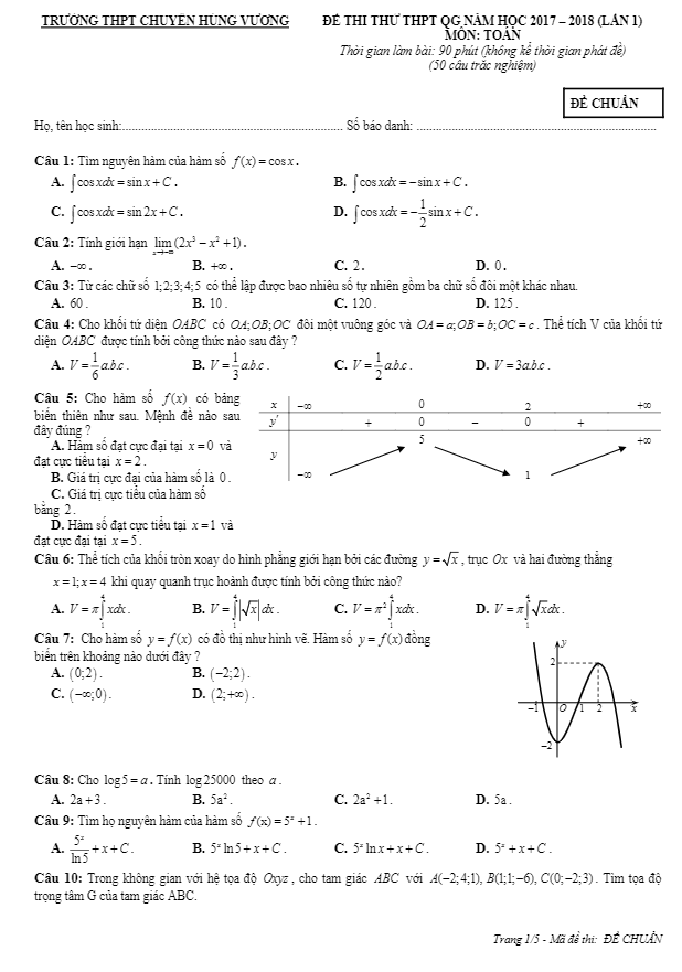 đề thi thử toán thptqg 2018 trường chuyên hùng vương – gia lai lần 1