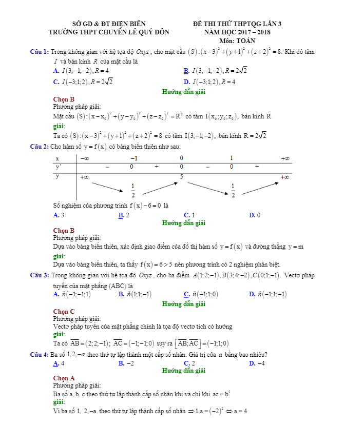 đề thi thử toán thptqg 2018 trường chuyên lê quý đôn – điện biên lần 3