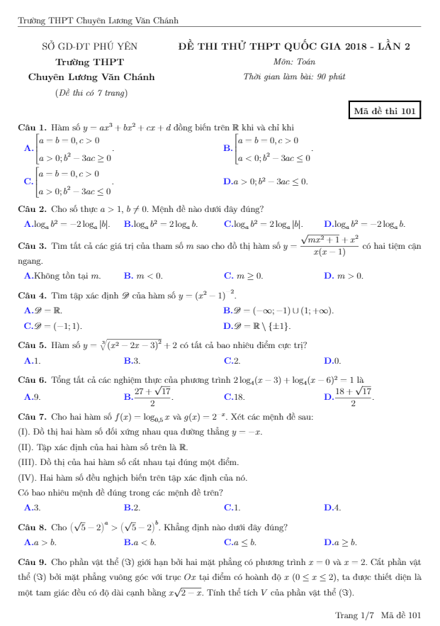 đề thi thử toán thptqg 2018 trường chuyên lương văn chánh – phú yên lần 2