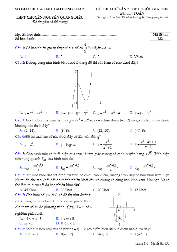 đề thi thử toán thptqg 2018 trường chuyên nguyễn quang diêu – đồng tháp lần 2