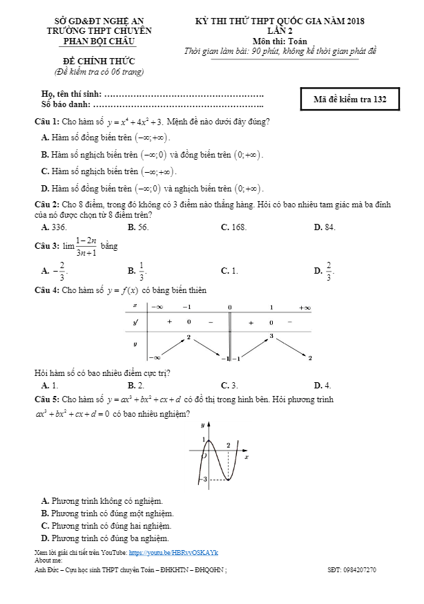 đề thi thử toán thptqg 2018 trường chuyên phan bội châu – nghệ an lần 2